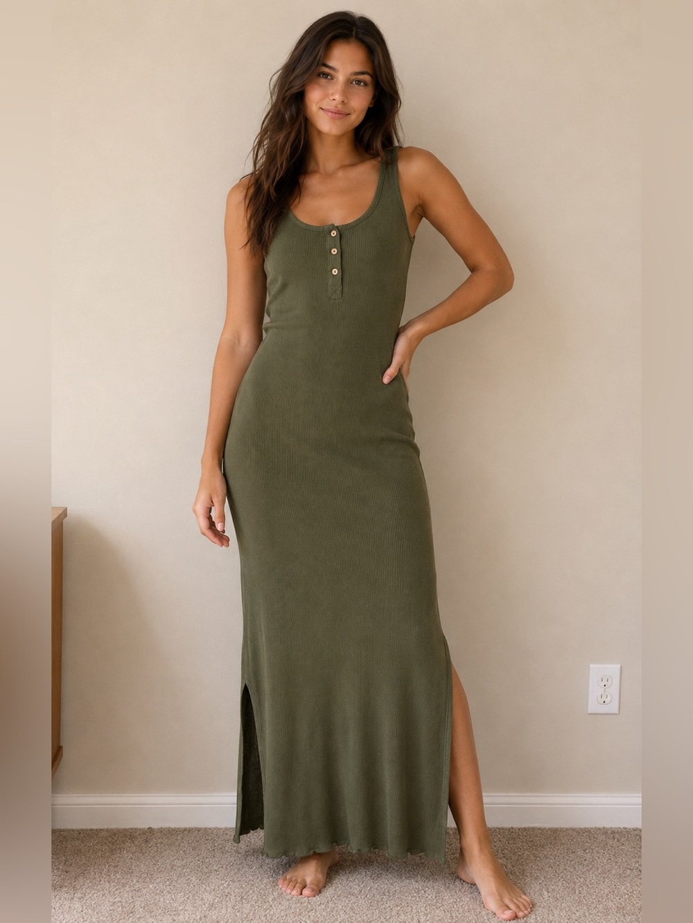 Max Jeans Olive Button-Front Ribbed Tank Maxi Dress